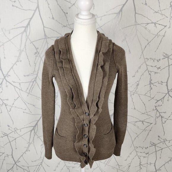 Banana Republic Beige Taupe 96% Merino Wool Ruffle Button Cardigan - Picture 1 of 5